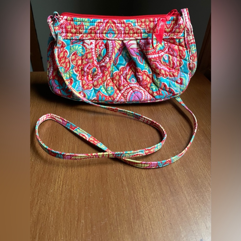 Vera Bradley Frannie Crescent Cotton Crossbody Bag Paisley in Paradise Pink Aqua